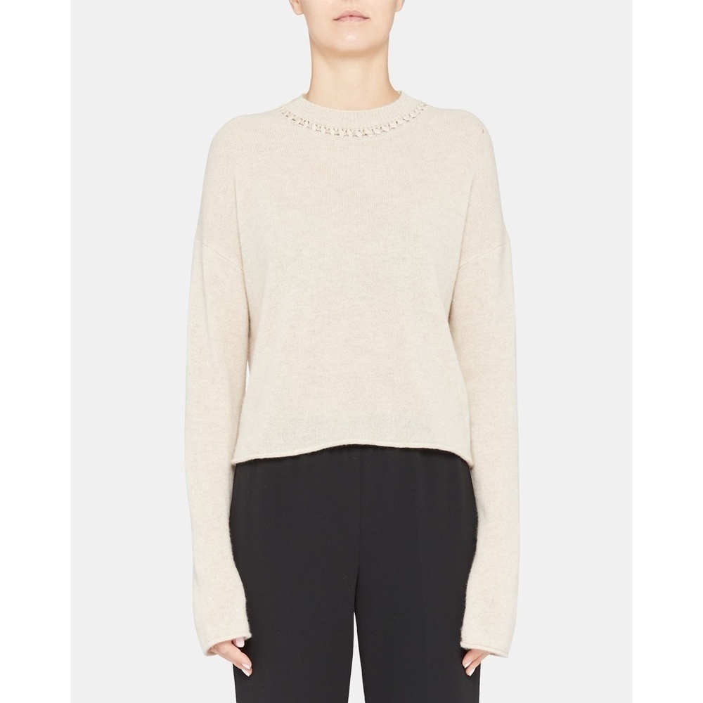 Theory Ecru Melange Beige Cashmere Ribbon-Trim Cropped Sweater NWT Size XXL